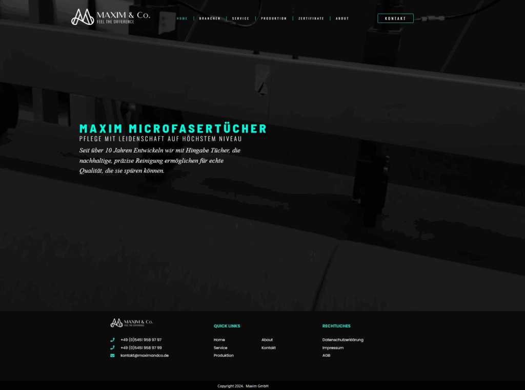 Projekt: Webdesign für Maxim GmbH – Spezialist für Mikrofaserlösungen